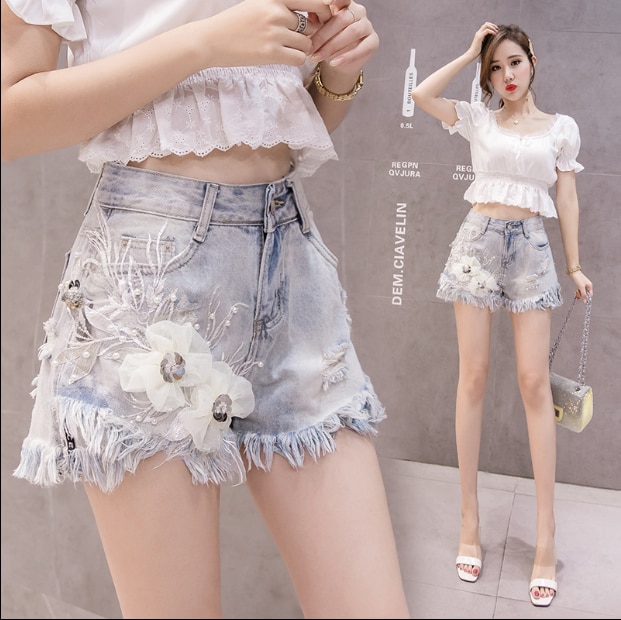 Plus Size Flower Denim Shorts Female Summer Loose-Fit Students High-waisted Holes Short Shorts Ladies Hot Pants Short Feminino